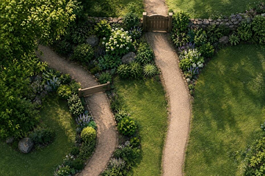 Two garden paths converge at one gate as a redundant route is closed, illustrating how overlapping pages can be consolidated.
