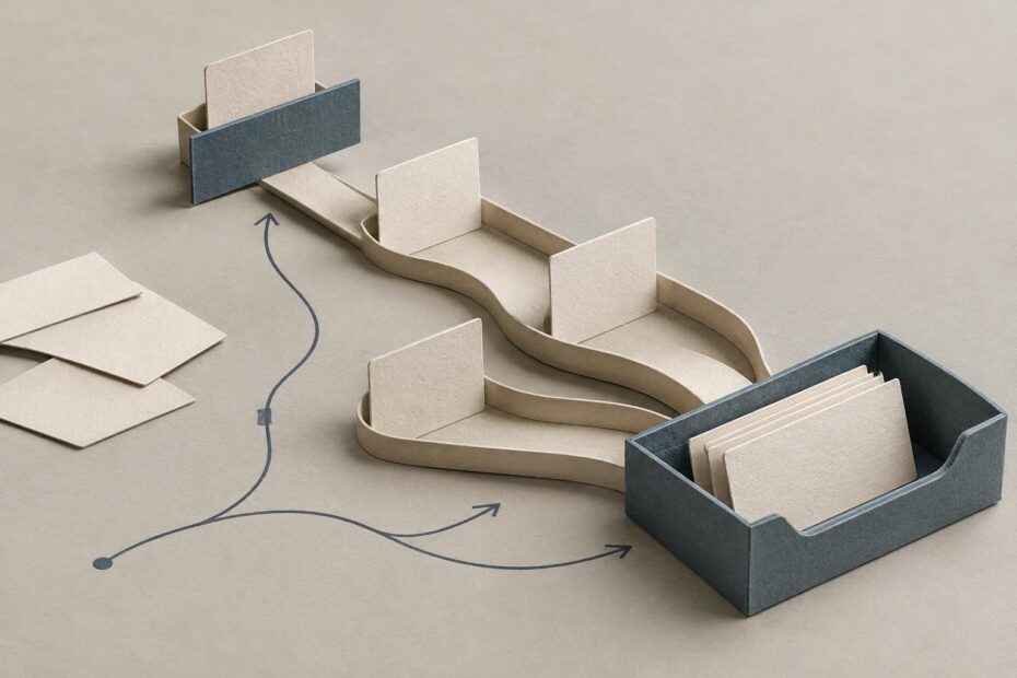 Blank page cards moving through a paper sorting path, with one card blocked and others reaching an open tray