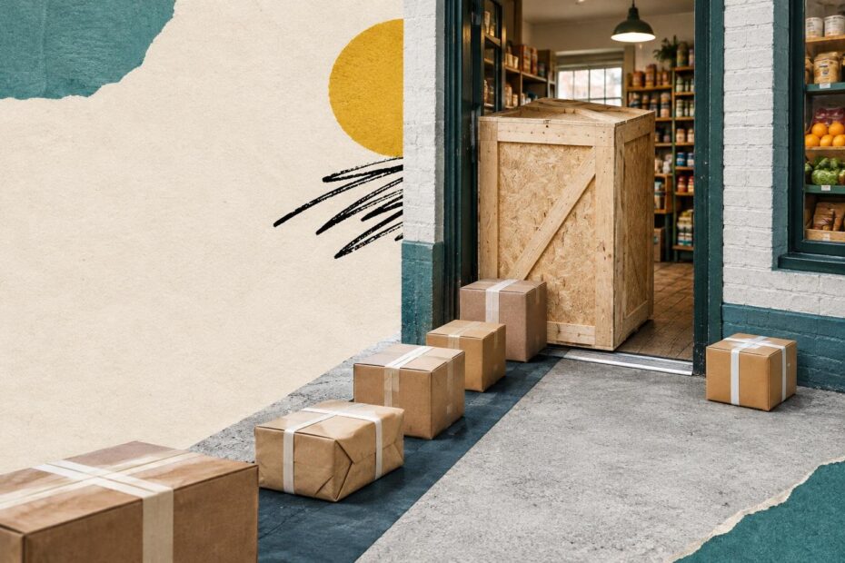 Parcels moving through a shop doorway while an oversized crate blocks the delivery path, illustrating how bulky page assets can slow loading.