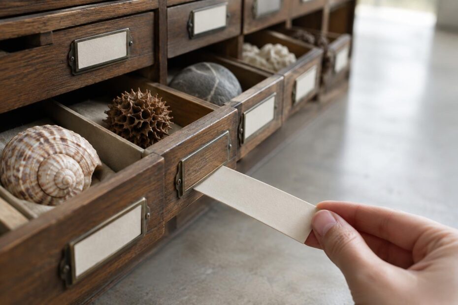Blank labels placed on archival drawers identify different objects, illustrating how clear page titles distinguish content.