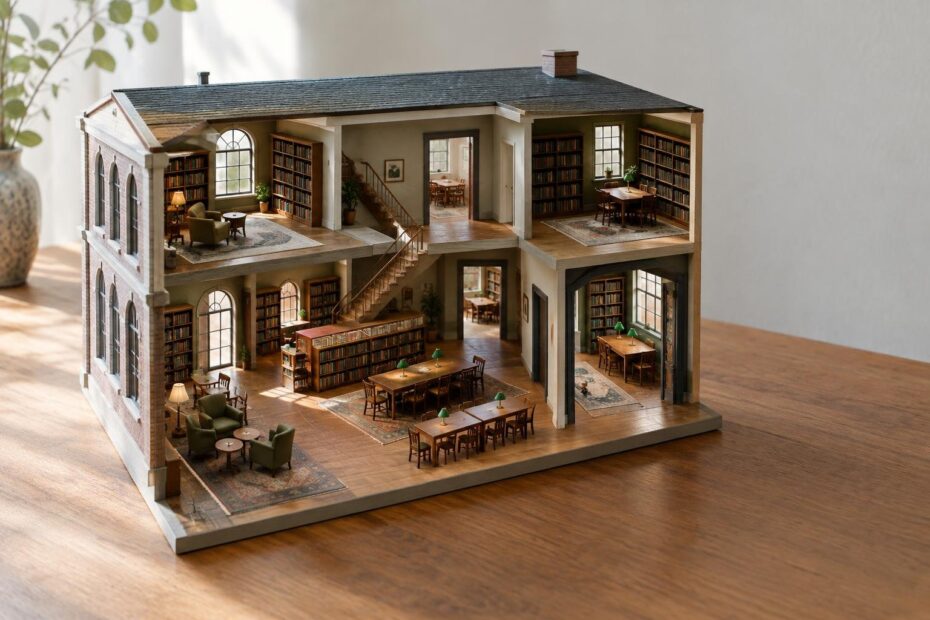 Cutaway model of a small library showing connected rooms and a clear route between related spaces